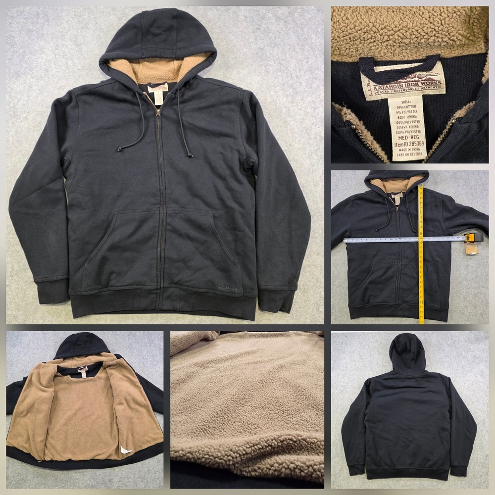 LL Bean Katahdin Hoodie Men Medium Black Fleece Sherpa Lined Full Zip Sweatshirt